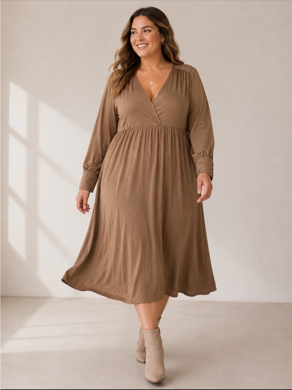 Soft And Flattering Faux Wrap Midi Dress in Brown Long Sleeve With Button Detail
